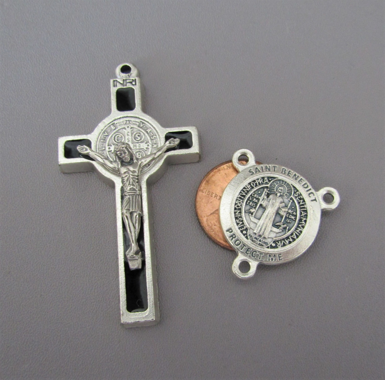 Rosary CENTER & CRUCIFIX Set Italy Rosaries Parts St. Saint Benedict LARGE BLACK