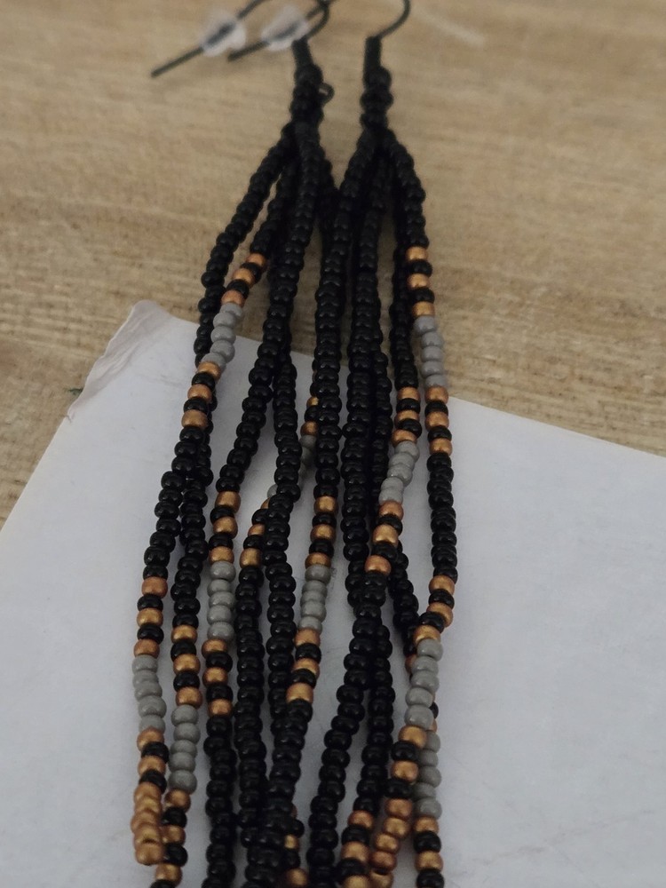Native American Beaded Tassel Dangle Earrings (Black, Sienna, Gray)