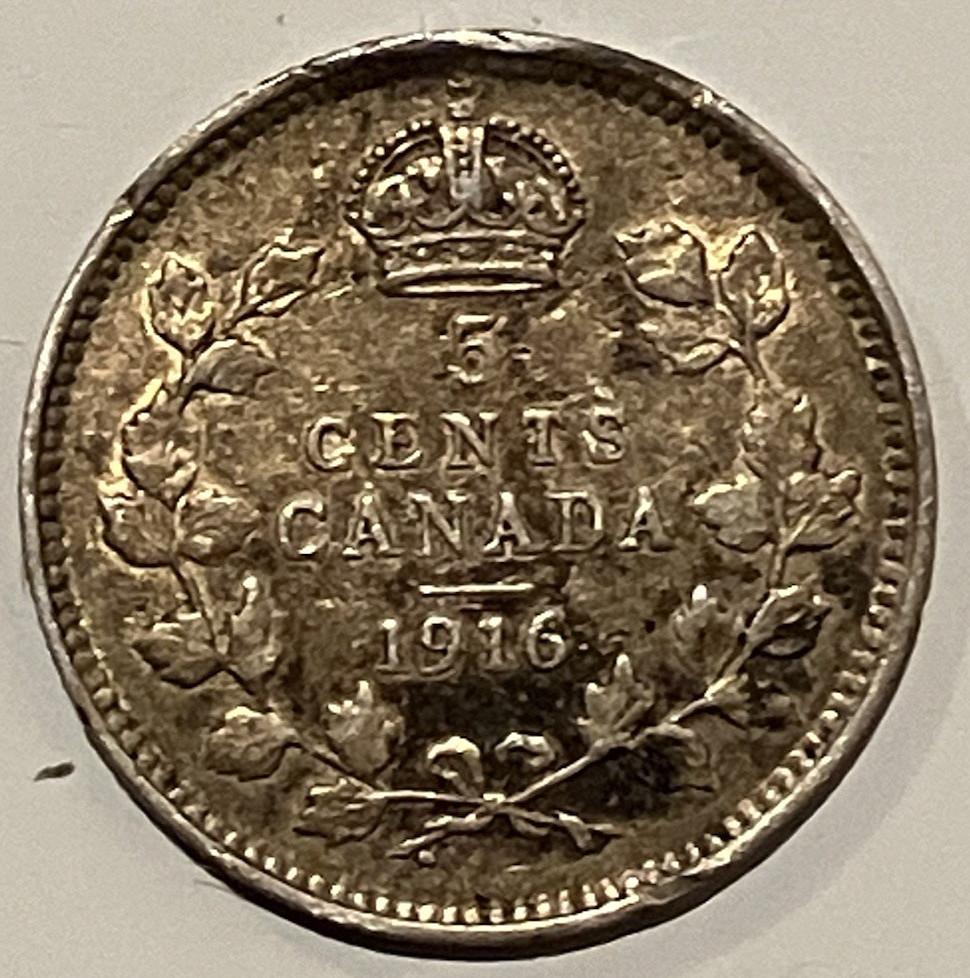 1916 George V Canada Silver 5 Cent Piece.
