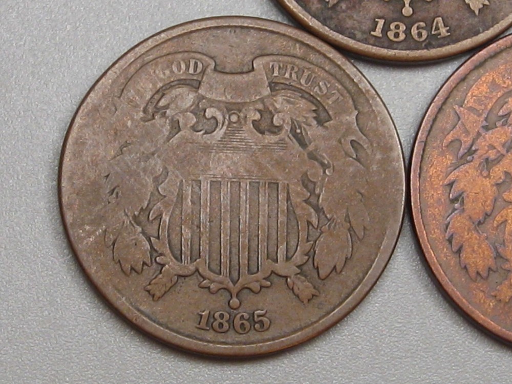 3-US 2¢ Two Cent Piece 1864, 1865, 1867.