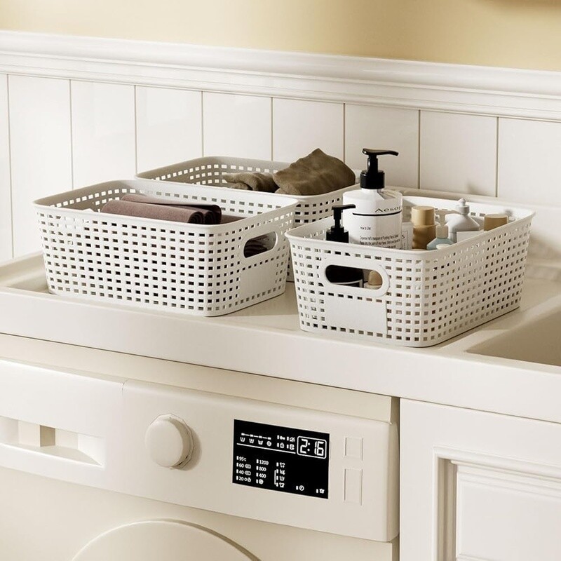 Stackable Plastic Storage Bins W/ Bamboo Lid 5Qt Organizing Baskets 6 Pack New