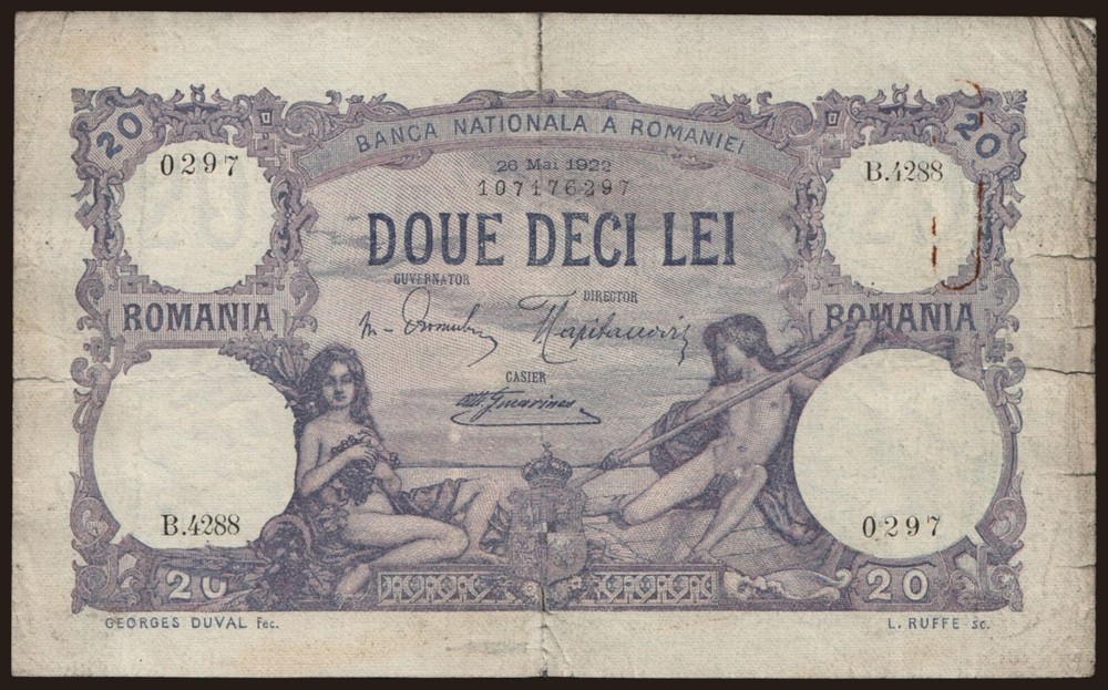 Romania - 1922 - 20 Lei - "VG-" #CO7334