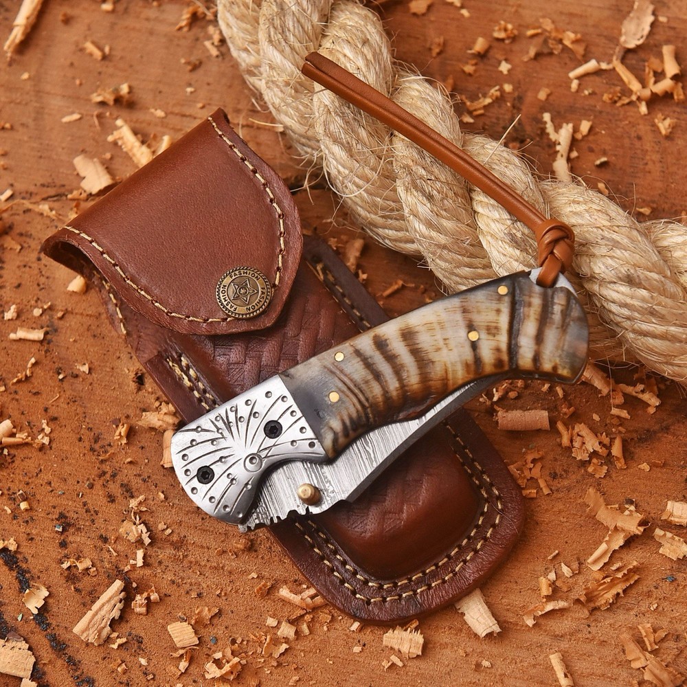 Custom Made Folding Blade Pocket Knife Ram Horn Handle