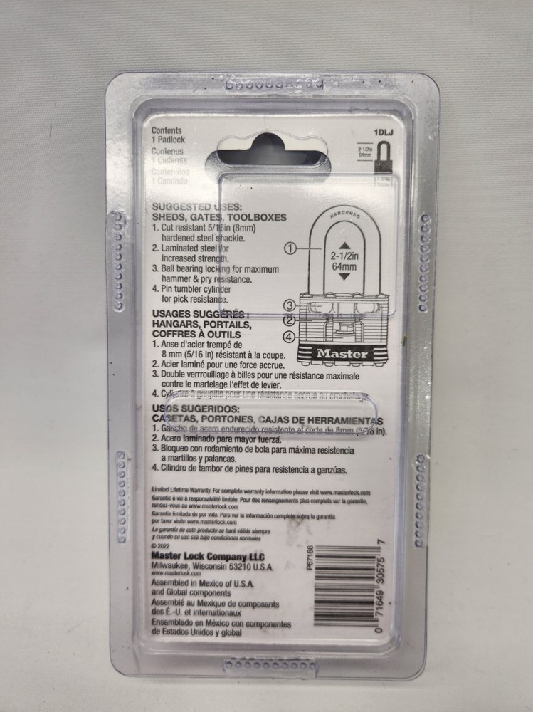 Master Lock 1DLJ Laminated Padlock 2.5" Long Shackle Level 7