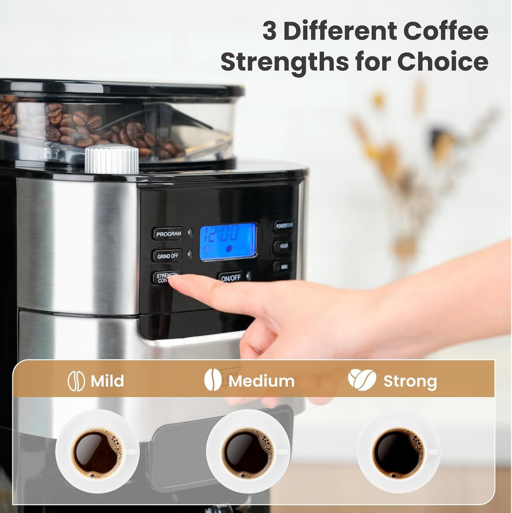 10-Cup Programmable Coffee Maker with Grinder, Timer & Reusable Filter