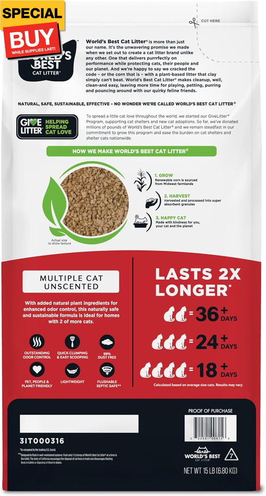 Multiple Cat Unscented, 15-Pounds - Natural Ingredients, Quick Clumping, Flushab