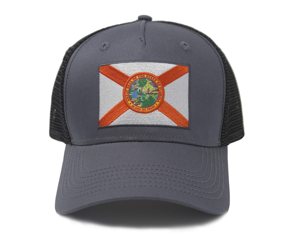Florida State Flag Trucker Cap, Baseball, Snapback (Grey/Black)