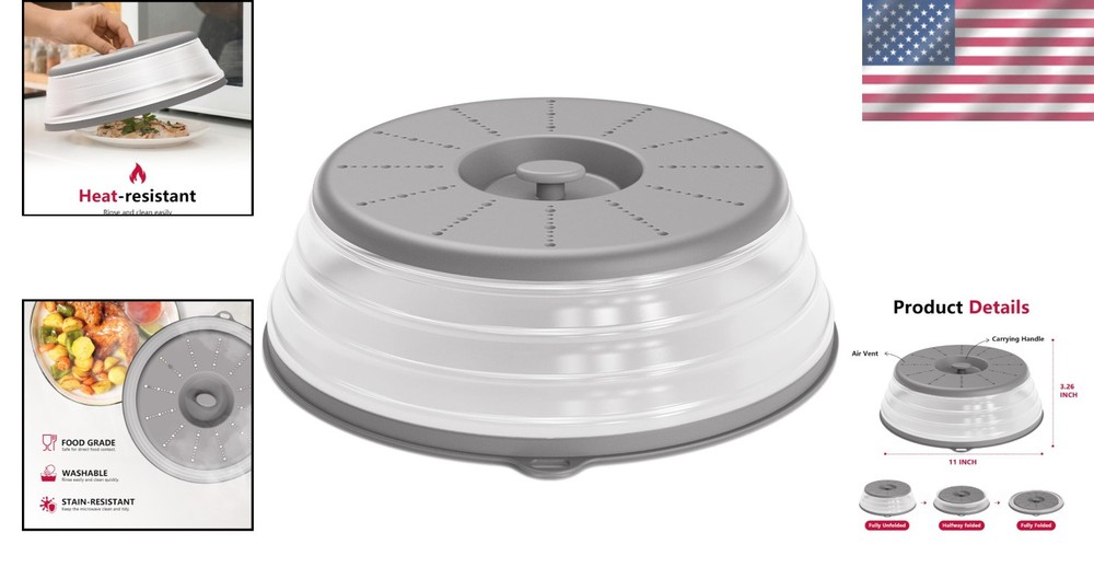 Compact Microwave Splatter Cover with Hook Hole - 10.5" Grey & Functional Design