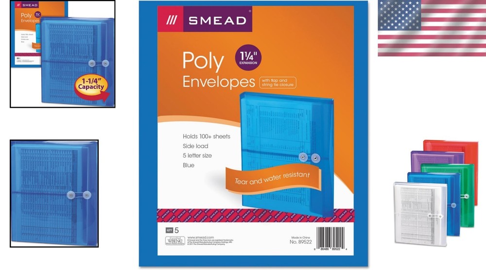 5 Blue Poly Envelopes - Tear and Water-Resistant with Secure Tie Closure