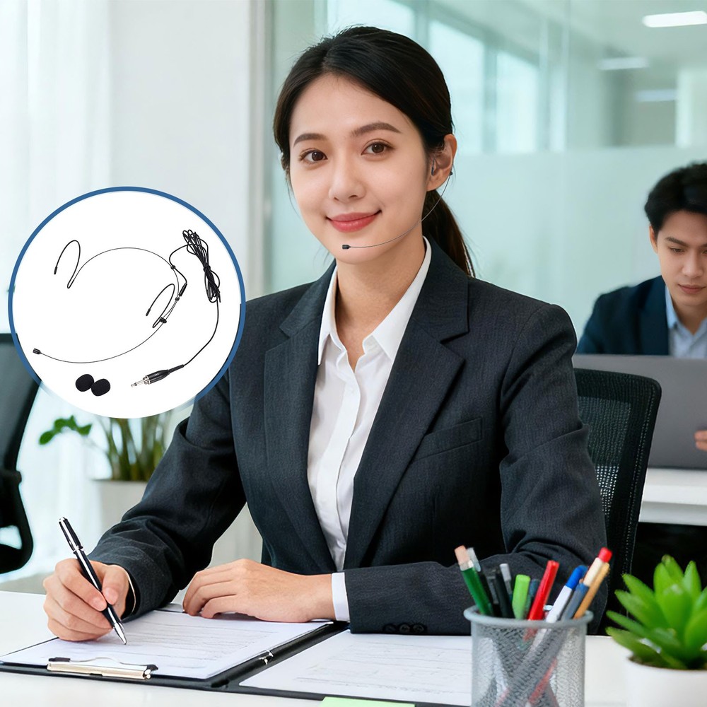 Ear Hook Microphone, Double Ear Headset with Audio Technical Type Plug, Beige