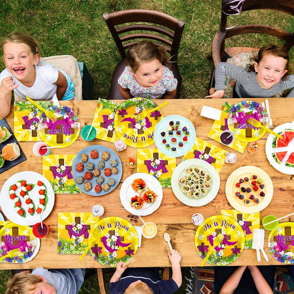 96 Pcs Easter Tableware Set He Is Risen Plates Happy Easter Party Plates East...