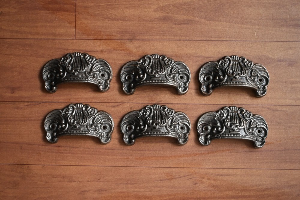 Victorian cast iron Cup cabinet drawer door knobs handles pull rustic 6 pcs