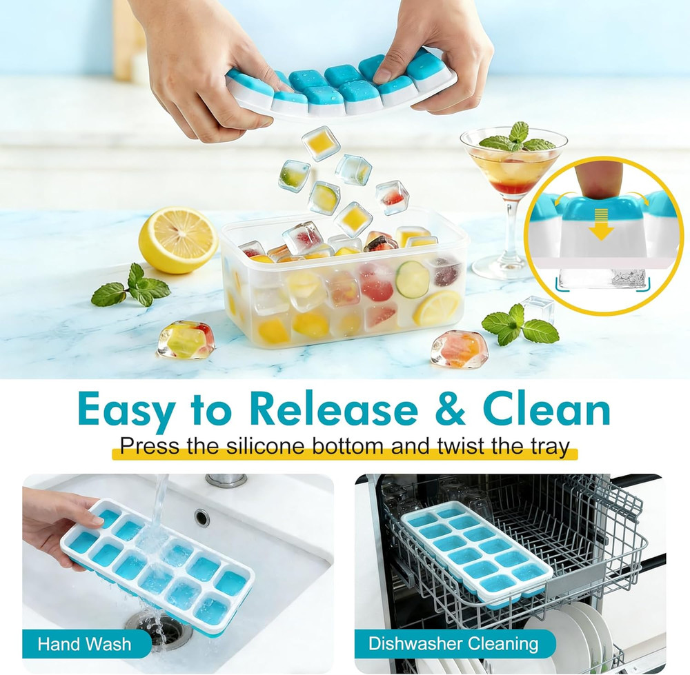 Ice Cube Tray with Lid & Bin - 4 Pack 48 Cubes Stackable Silicone FREE SHIPPING