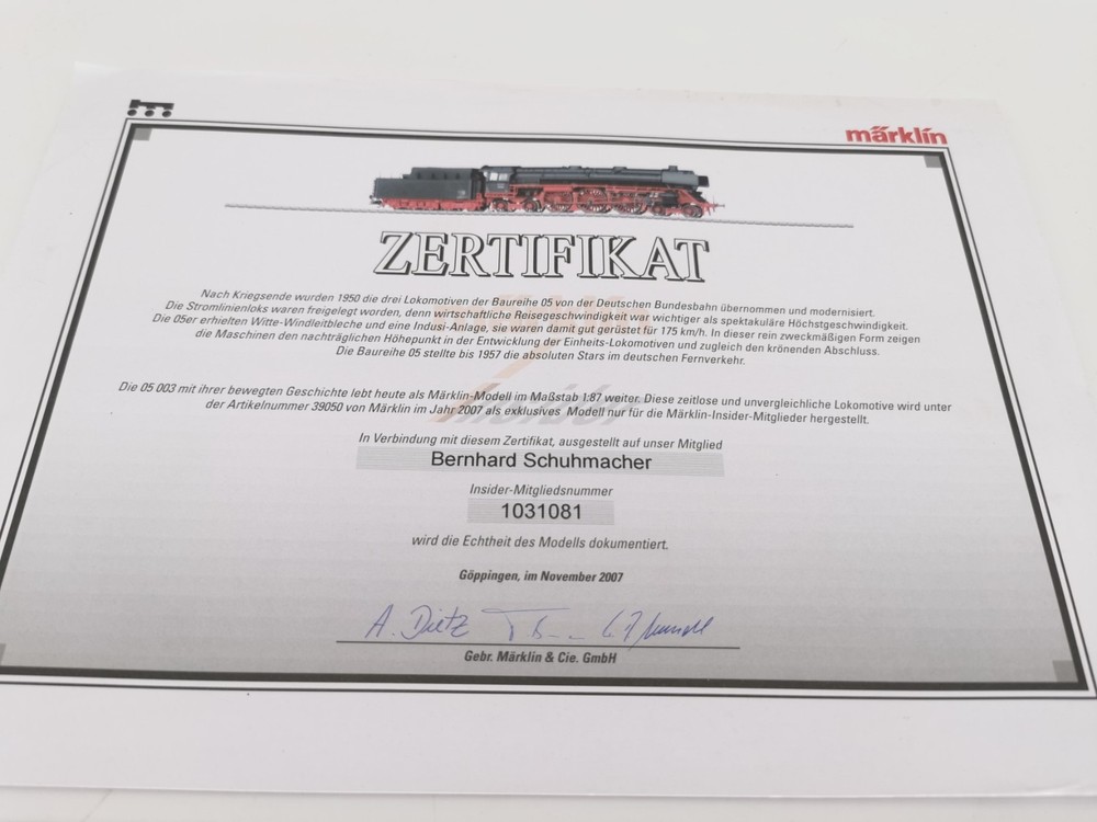 MÄRKLIN CERTIFICATE 1031081