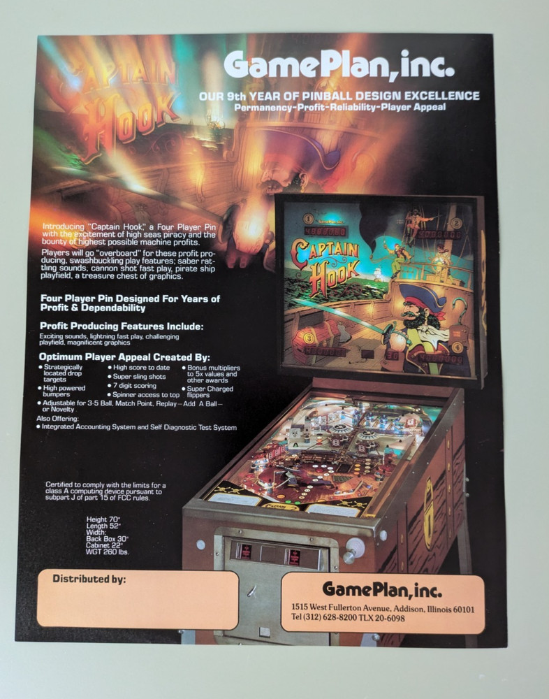 11- 8.5'' Captain Hook Game Plan Pinball arcade  game AD FLYER