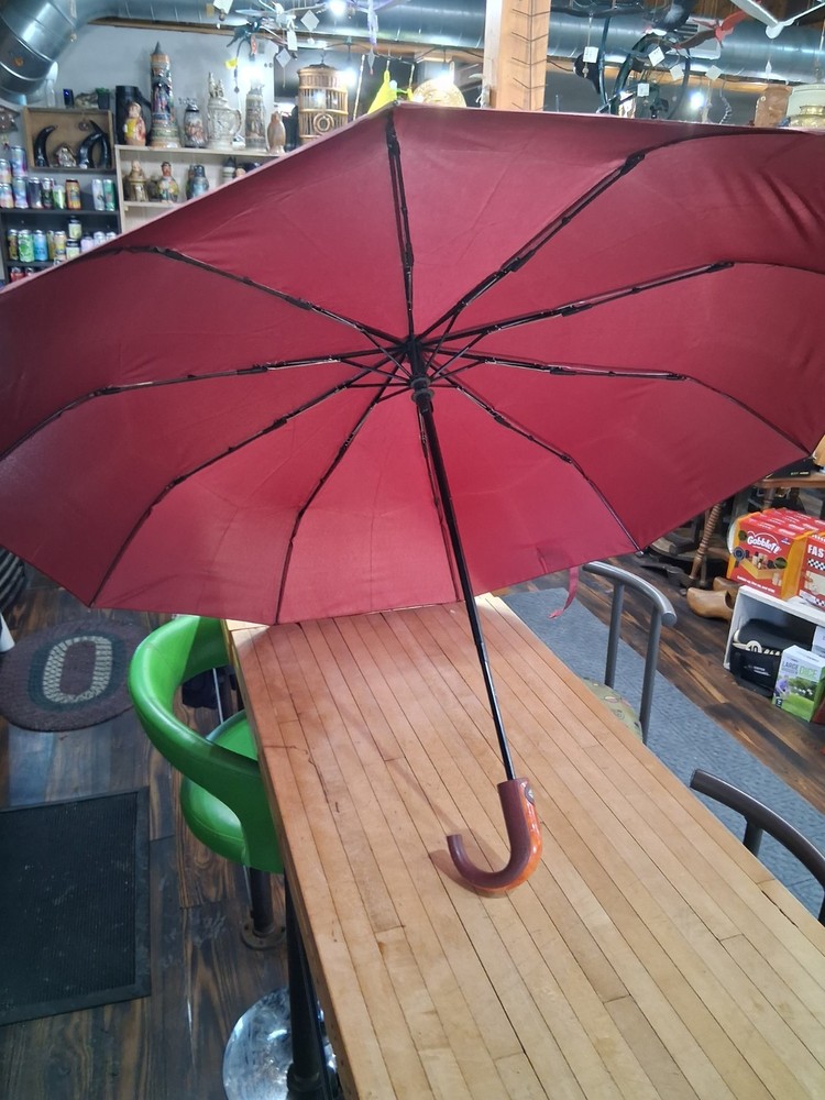 Red Double Canopy Automatic Umbrella with Curved Wood Handle