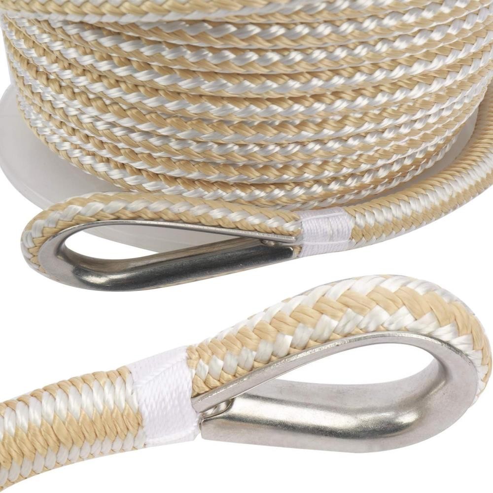Double Braid Nylon Anchor Line with Stainless Steel Thimble-White/Gold Color @