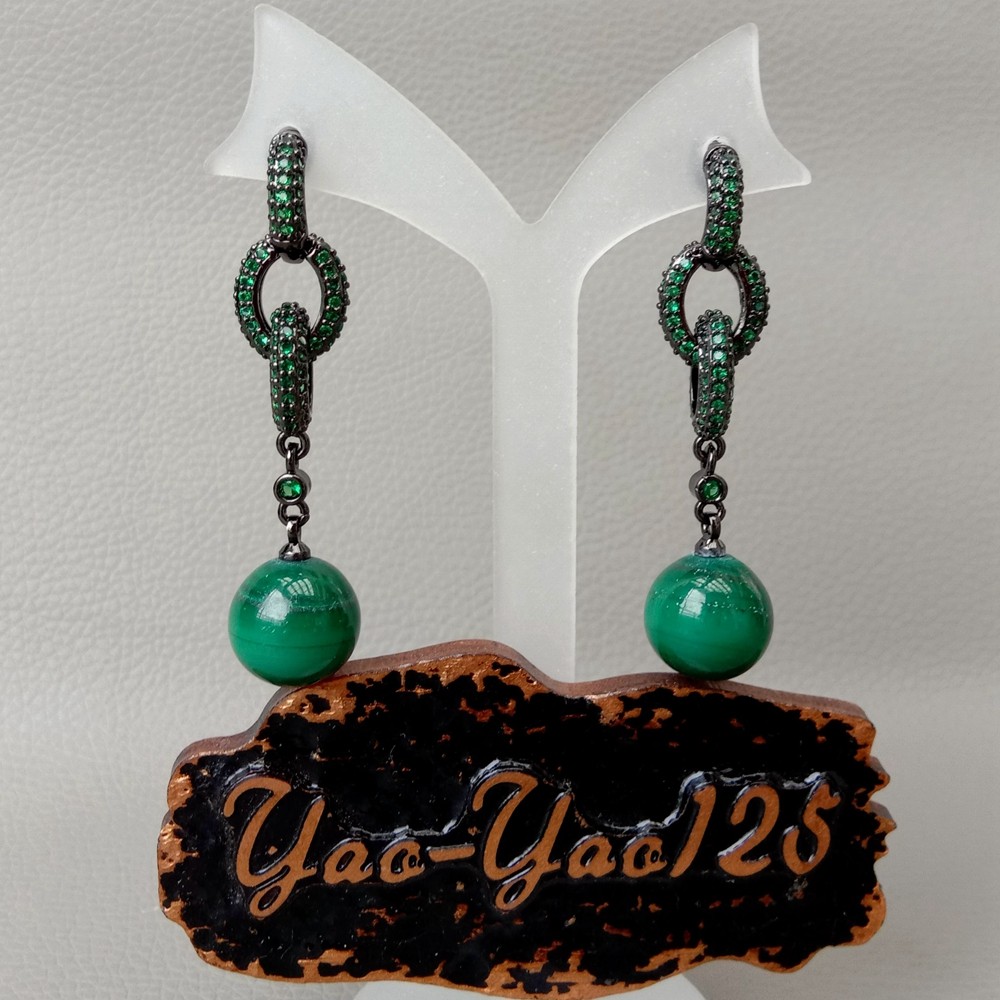 Natural Green Malachite Green Cz pave Loop Stud Earrings