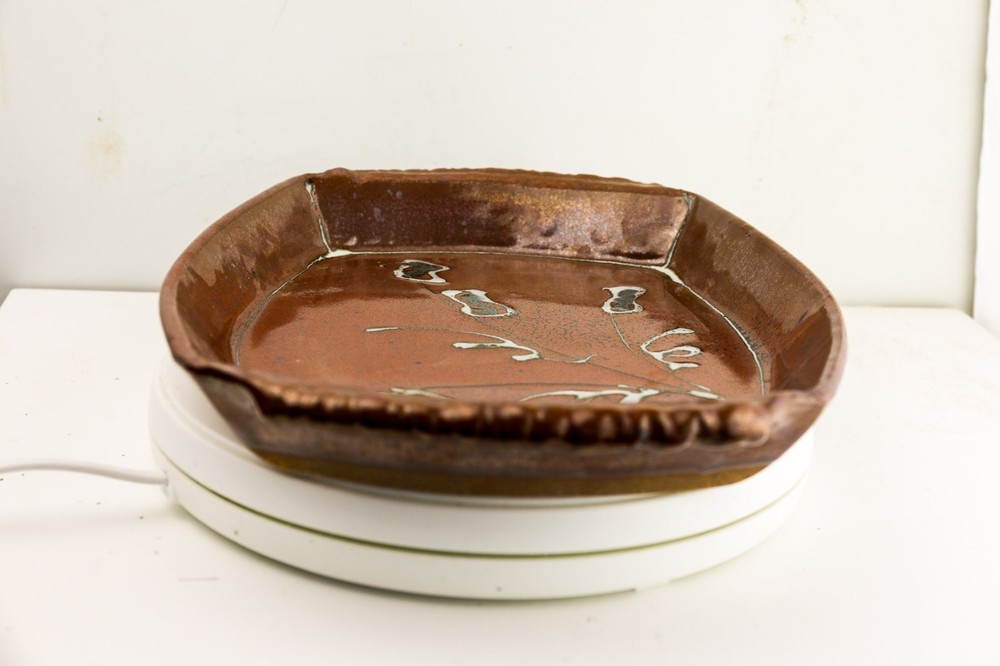 Studio Pottery Tray Platter Signed HB Brown Glaze Handmade Ceramic