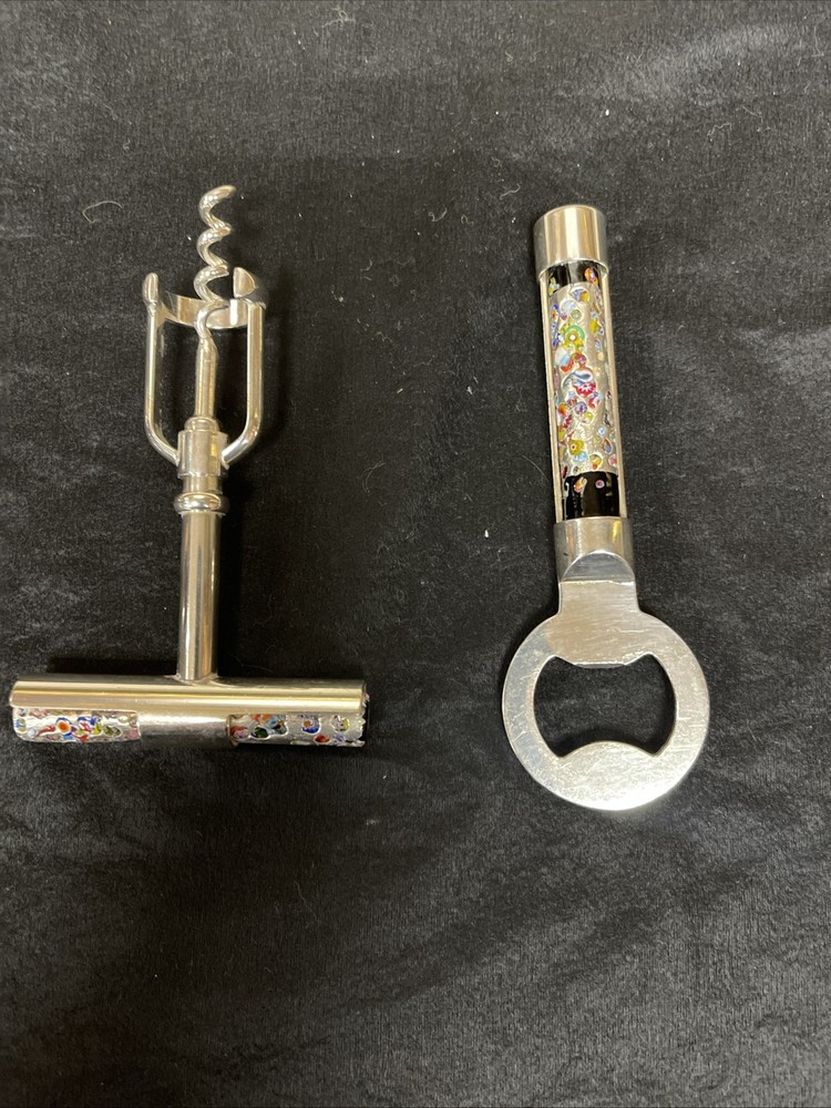 Silver corkscrew and bottle opener with blown glass insert