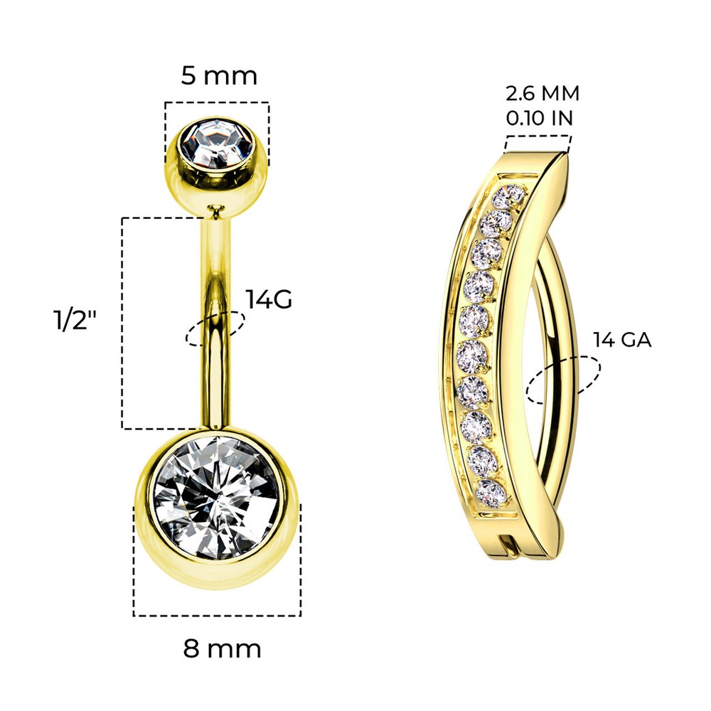 Titanium Belly Button Ring CZ Reverse Hinged Clicker Navel Barbell Set 14G 8mm