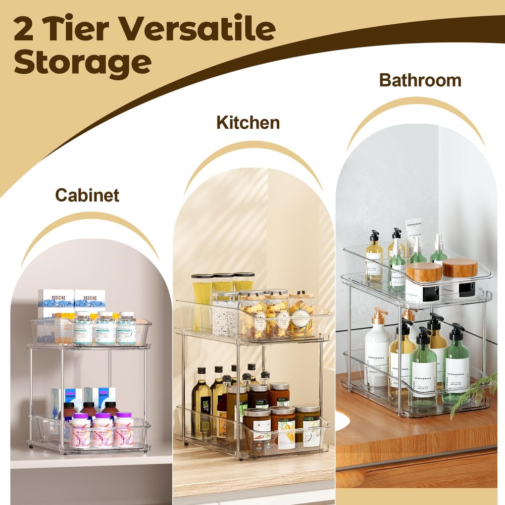 2 Tier Pull-Out Organizer for Bathroom Kitchen, Under Sink Storage with Divid...
