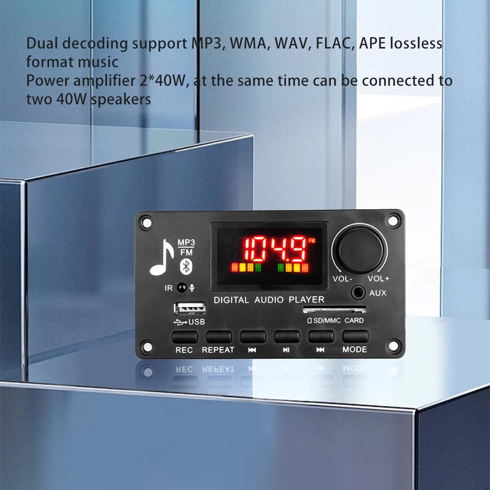 Amplifier Decoder Board 2 x 40W with Bluetooth 5.0, MP3 Player and IR FM Radio,