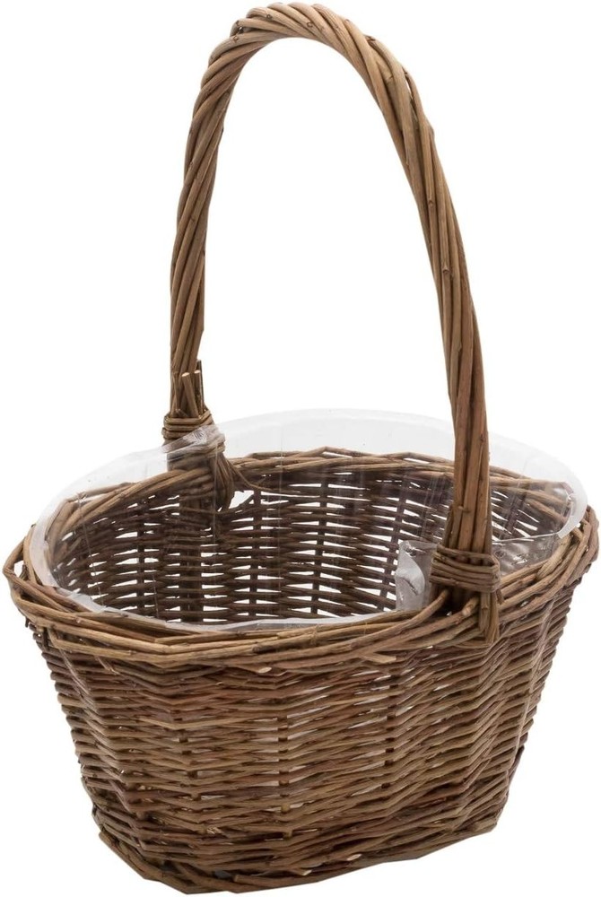 Willow Woven Easter Gift Basket Small Oval Brown Static Handle & Plastic Insert