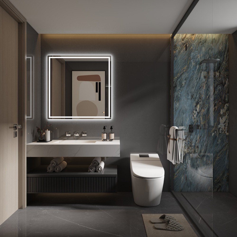 30'' x 30'' Led Bathroom Mirror Gesture Control Wall Mounted Frameless Lighted