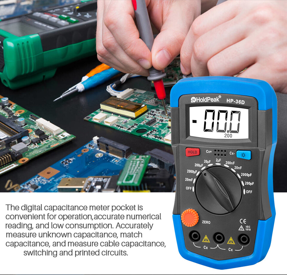 HoldPeak LCD Digital Multimeter Capacitance Test Meters Data Hold 1999 Counts