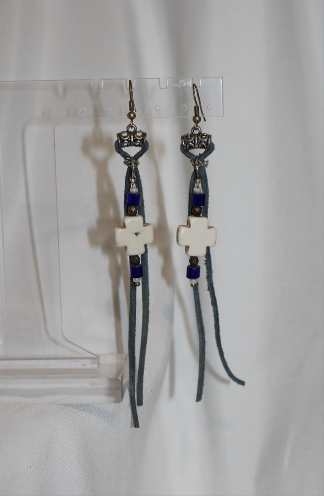 Nwt Handmade Leather Beaded Dangle Earrings
