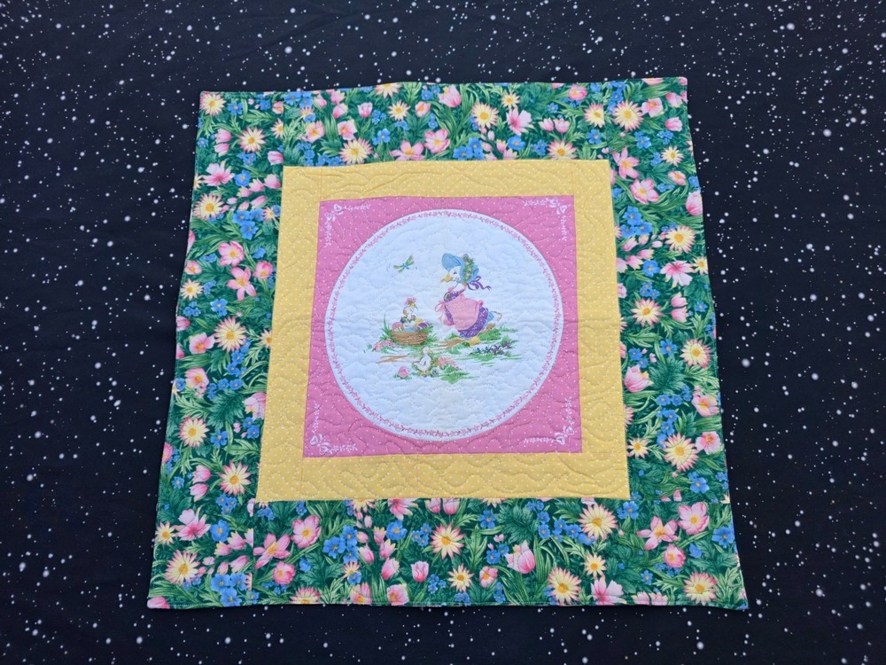 Handmade Quilted Table Topper Square Easter Ducks Flowers eggs Spring