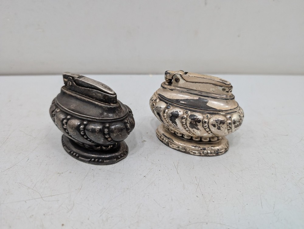 2 Vintage Ronson Crown Table Top Lighter Silver-Plated Pair Antique - as-is