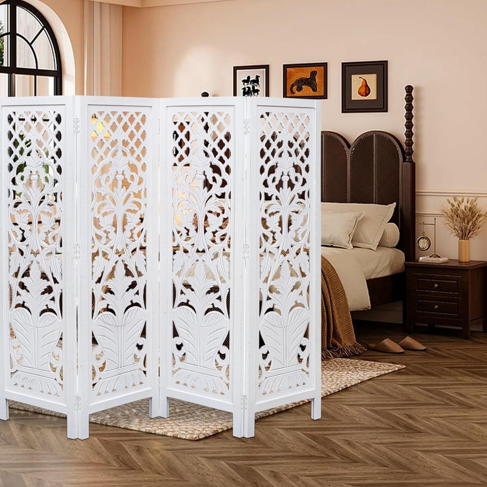 Room Divider Wood Screen Panel – White 4-Panel Folding 64"x54" Hand-Carved