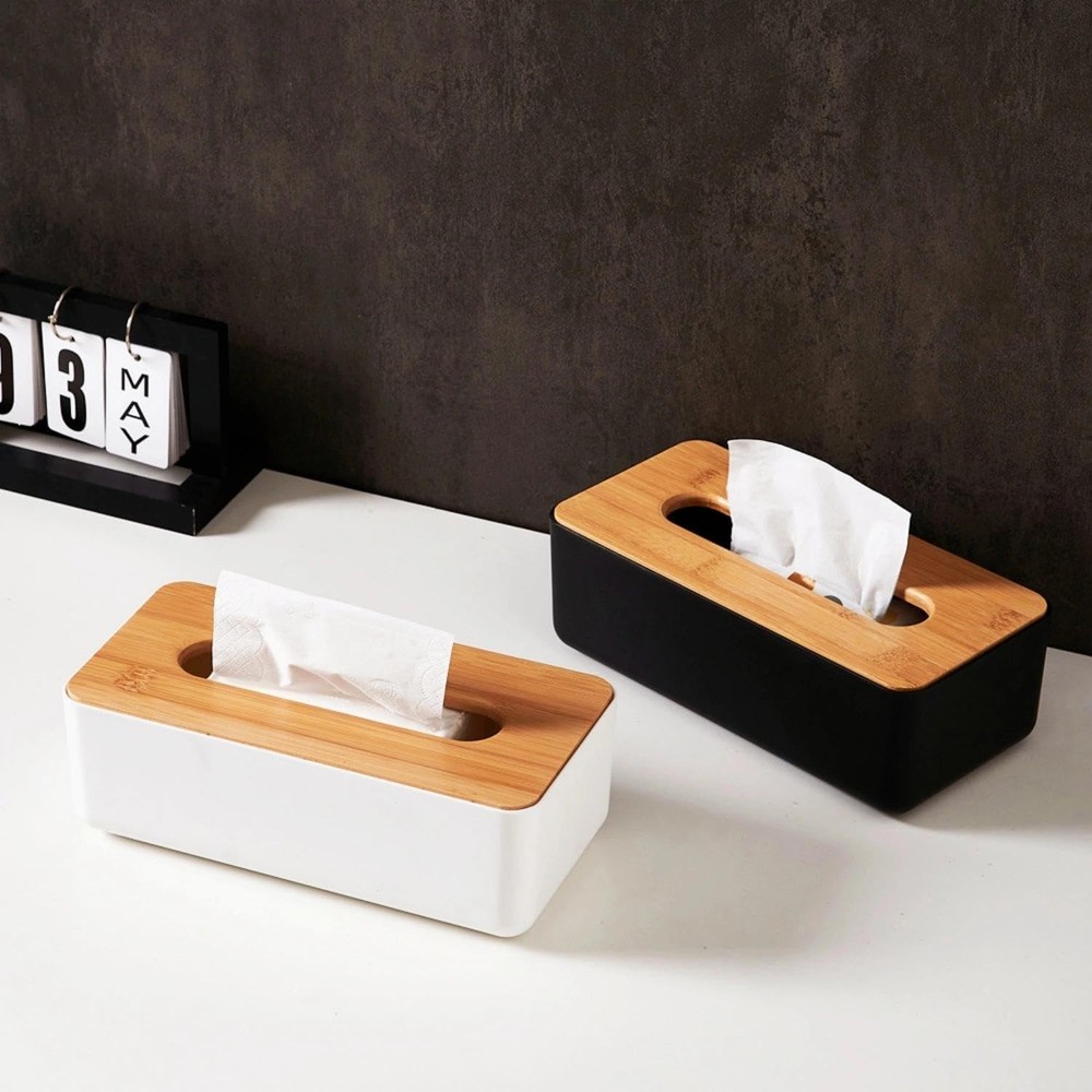 Tissue Box with Bamboo Cover, Plastic Tissue Organizer, Bathroom Tissue Dispense