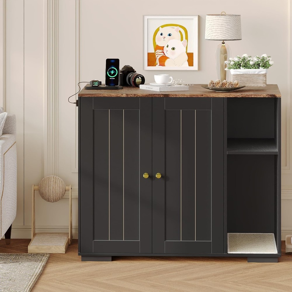 Dual-Function Cat Litter Enclosure &Side Table W/ Power Outlet & Dog-Proof Shelf