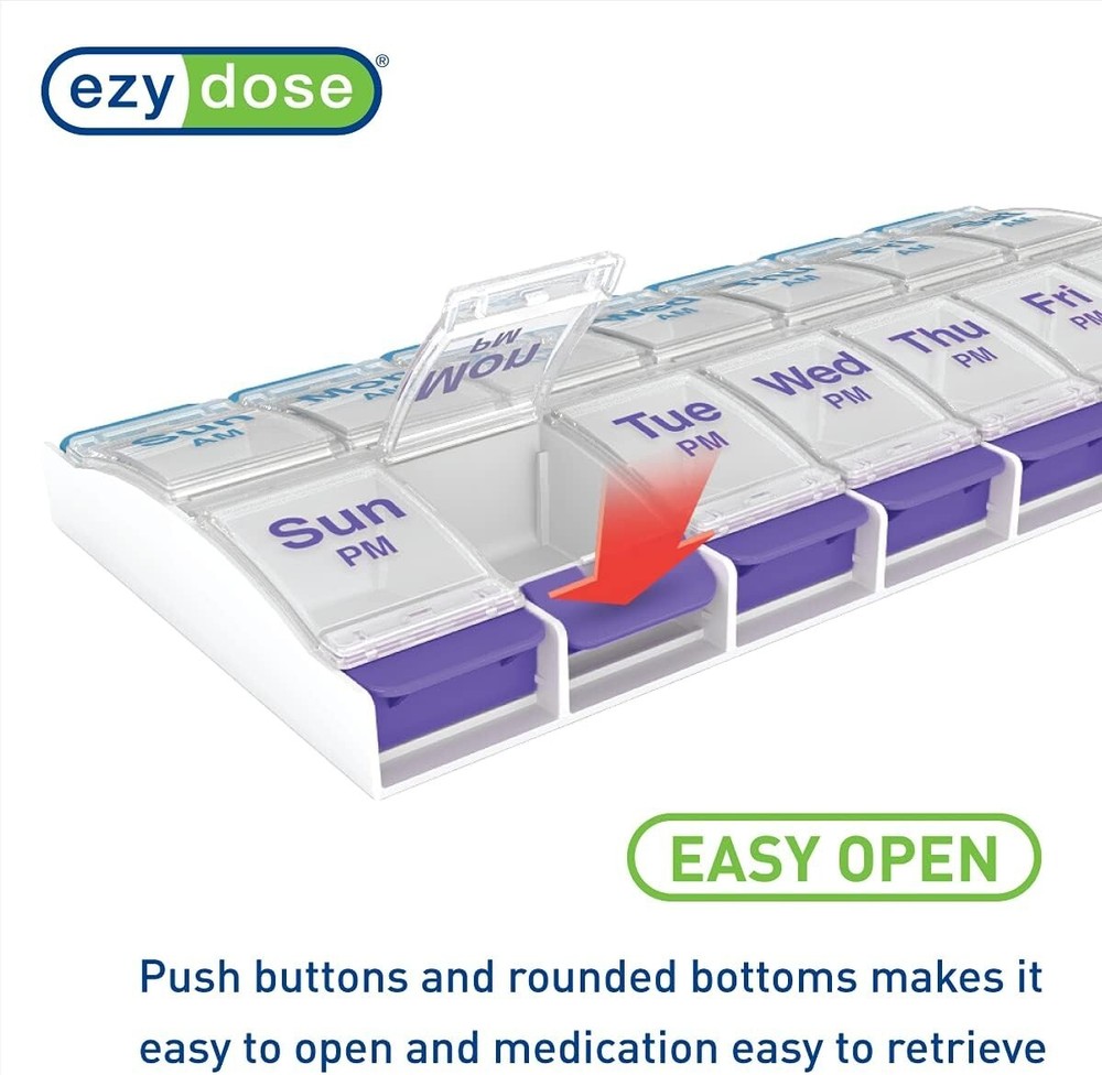 Weekly Pill Planner Organizer XL Easy Use AM/PM with Push Button 7 Day