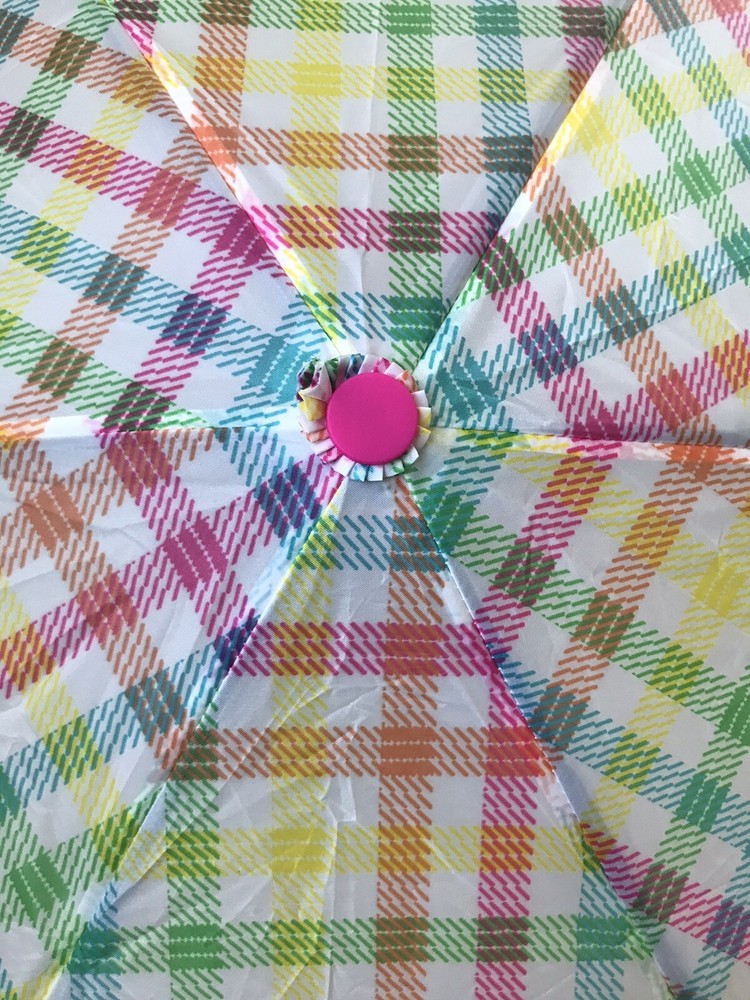 BETSEY JOHNSON MULTICOLORED RAINBOW GINGHAM COMPACT AUTO OPEN UMBRELLA NWT