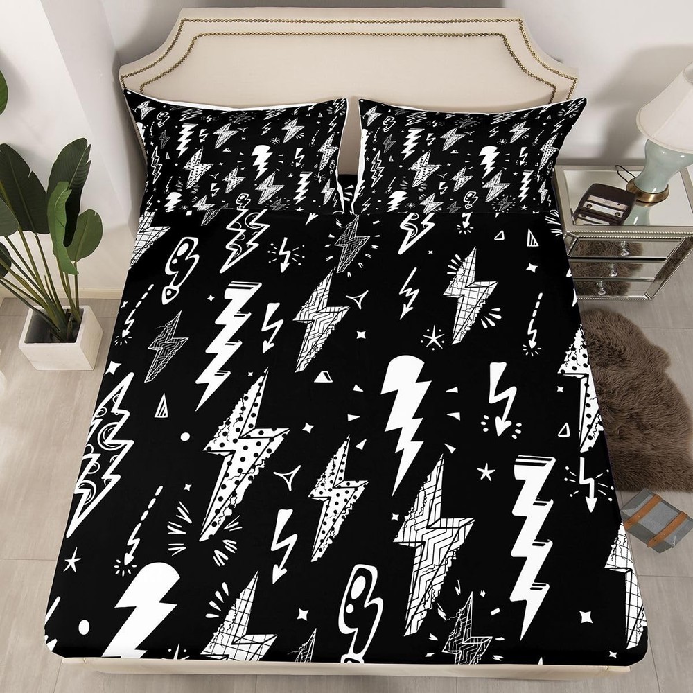 Lightning Fitted Sheet Hand Drawn Doodle Lightning Bolt Bedding Set 2pcs for ...