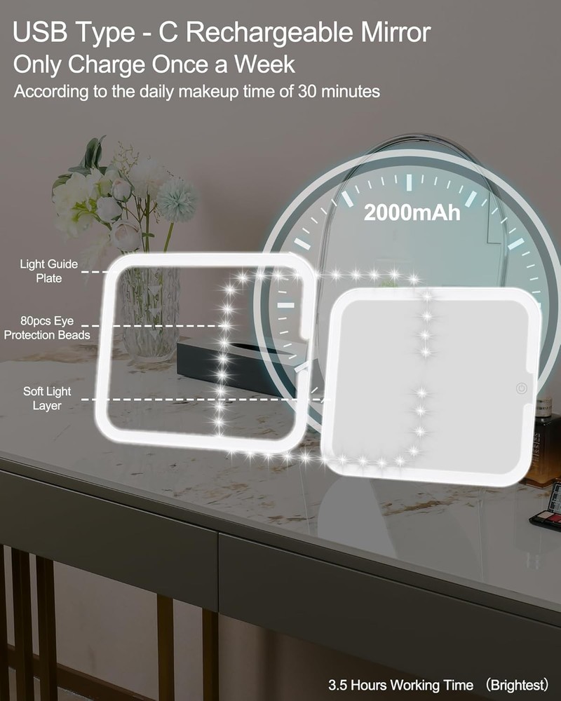 Makeup Mirror with Lights, LED Replacement for Makeup Bag, 3 Color Lights, Br...