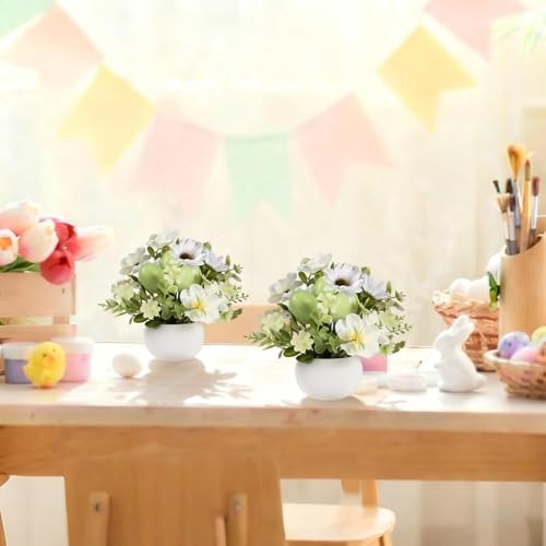 2 PCS Easter Decorations, Easter Artificial Egg Flower Potted Table Green