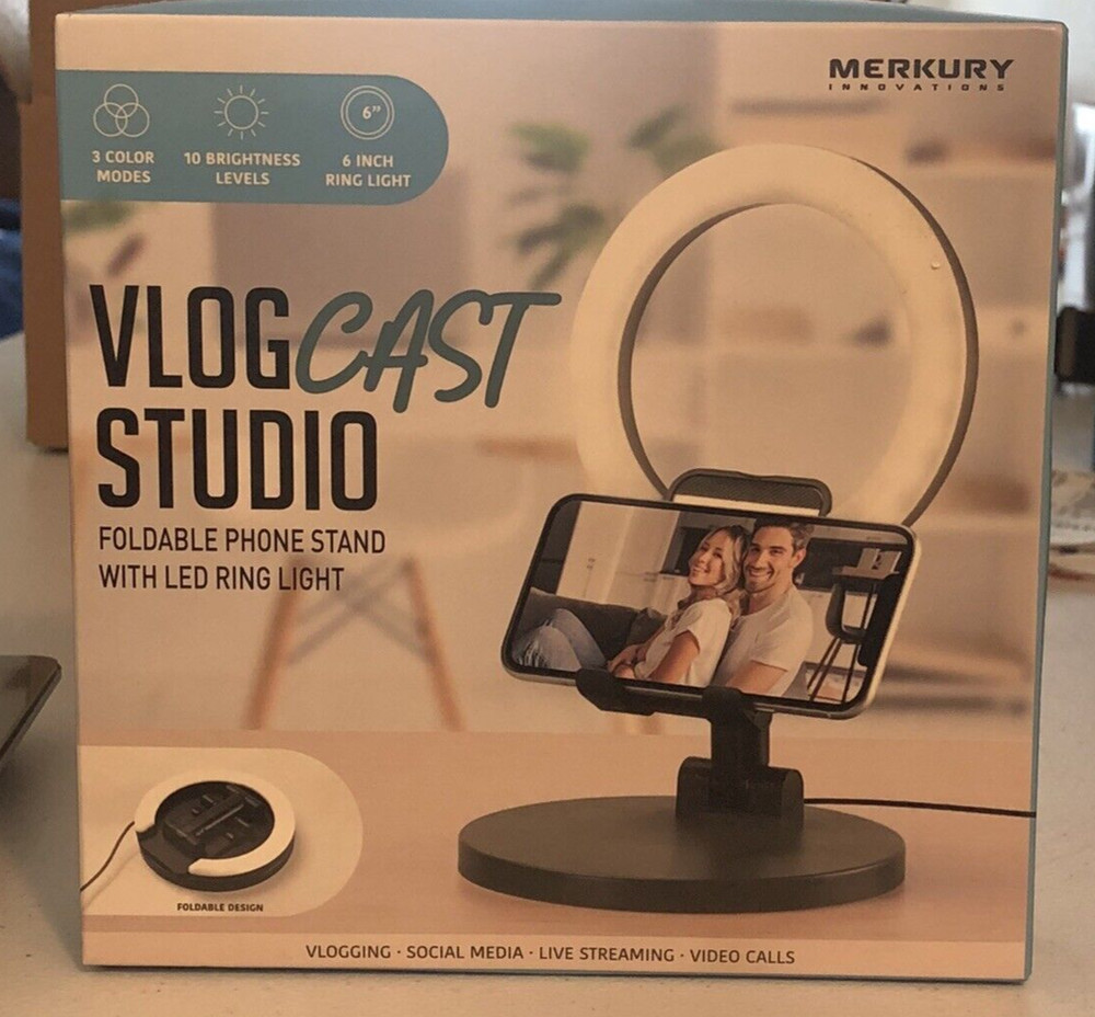 Merkury Vlog Cast Studio Kit Remote -LED Ring Light Foldable Stand  NEW! NIB