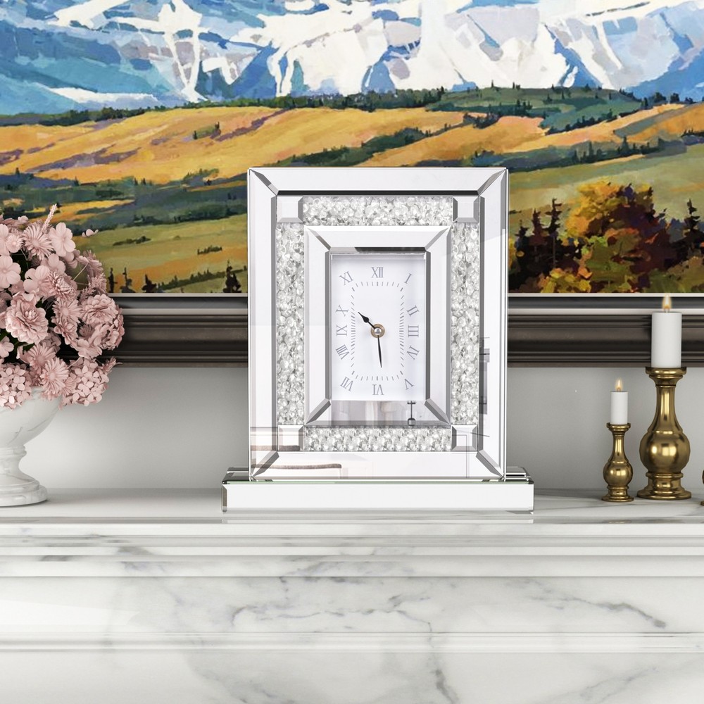 WISFOR 30cm Crushed Diamond Mirrored Desk Clock Decorative Table Clock Silver