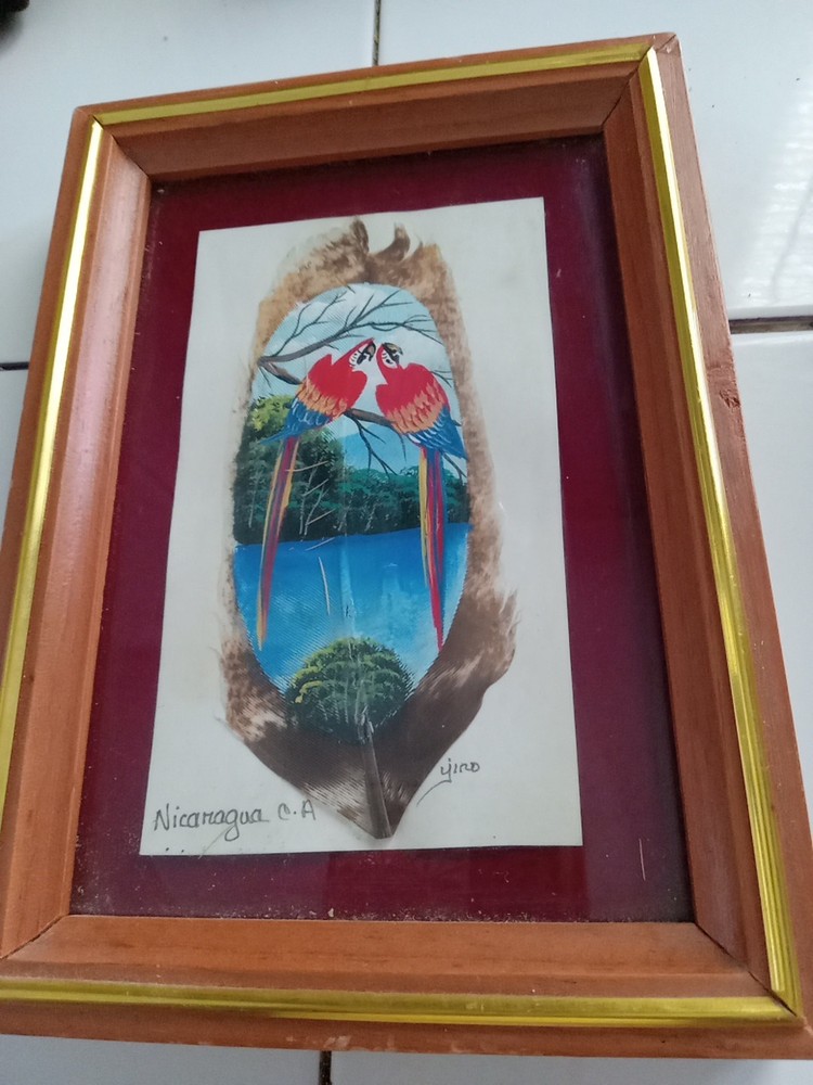 Vintage Beautiful Framed Two PARROTS Hand Painted Signed