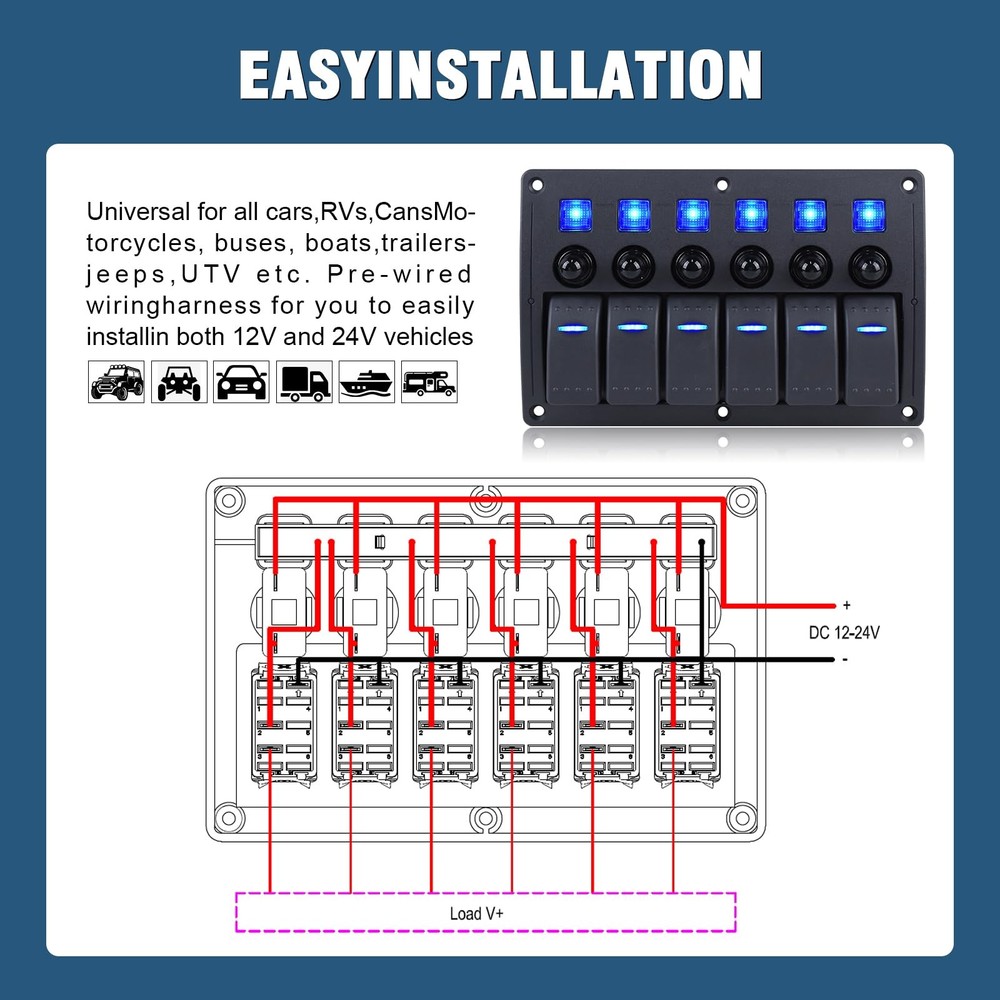 GGTA Marine Switch Panel Waterproof,Boat Switch Panel with Breakers,12V/24vol...