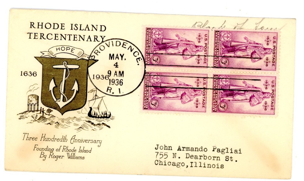 Postal History - RHODE ISLAND RI TERCENTENARY - 1936 First Day Cover