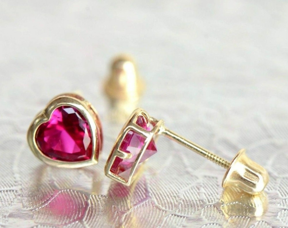 14K Solid Yellow Gold Heart Stud Earrings Birthstone 6mm x 6mm