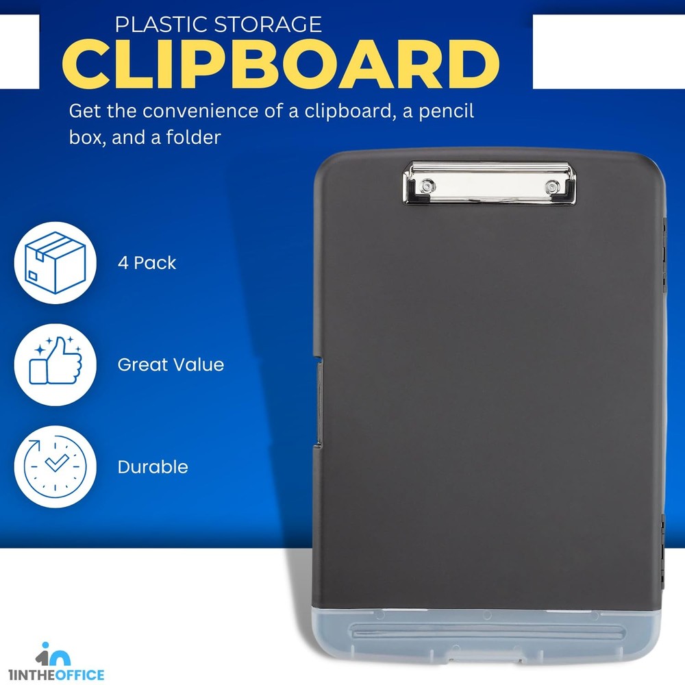 Clipboard with Storage Box, Plastic Storage Clipboard, Black 4 Pack