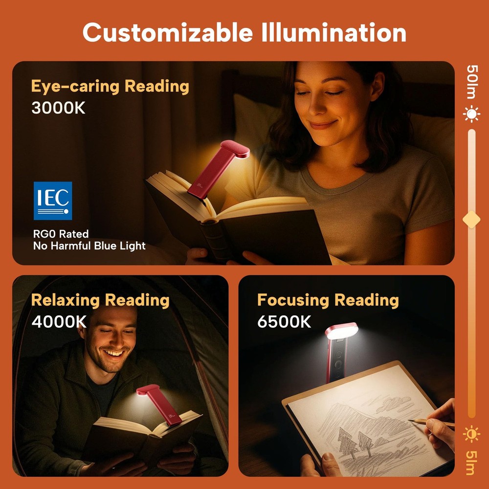 Book Light Reading Bed USB Rechargeable LED Night 3 Colors Dimming Red