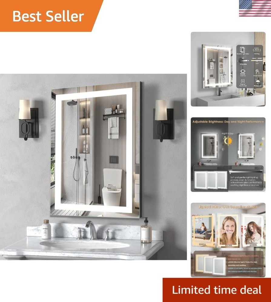 Modern Rectangular LED Vanity Mirror - 16x24, Waterproof & Memory Function